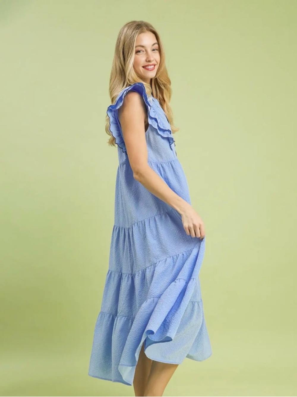 🩵Hello Gorgeous! Umgee Seersucker Ruffle Sleeve Tiered Midi Dress- Sky Blue - Picture 3 of 9